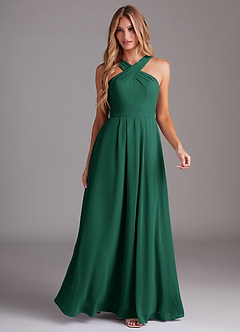 Azazie Dixie Bridesmaid Dresses Emerald A-Line Halter Pleated Chiffon Dress image3