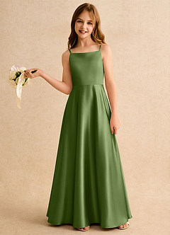 Azazie Joella Girls Formal Robe Demoiselle D'honneur Fillette Robe Trapèze en Satin extensible Plissée Genévrier image2