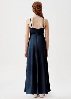 Azazie Kaylee Junior Dark Navy A-Line with Belt Metallic Satin Dress image2