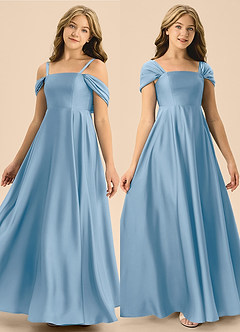 Azazie Rowena Junior Powder Blue A-Line Bow Stretch Satin Dress image1