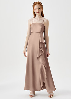 Azazie Kaylee Junior Taupe A-Line with Belt Metallic Satin Dress image1
