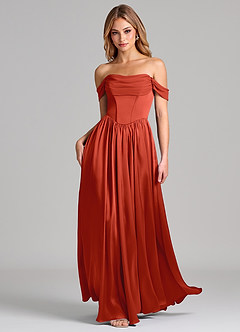 Azazie Raisa 신부 들러리 드레스 A라인 오프 더 숄더 스트레치 새틴 바닥 길이 드레스 image3