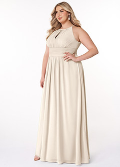 Azazie Bonnie Brautjungfernkleider A-Linie Schlüsselloch Gerüscht Chiffon Kleid Alabaster Weiß image3