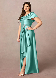 Azazie Branford Mother of the Bride Dresses Aqua A-Line Pleated Stretch Satin Dress image11
