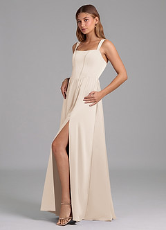 Azazie Rosaline Bridesmaid Dresses White Alabaster A-Line Side Slit Stretch Satin Dress image5