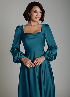 Azazie Solana Abiti da Damigella Abito A-Line in Raso Elasticizzato Maniche Lunghe Blu Inchiostro image3