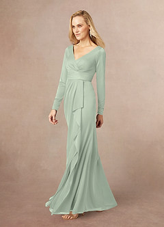 Azazie Risa Mother of the Bride Dresses Dusty Sage Mermaid V-Neck Pleated Mesh Dress image2