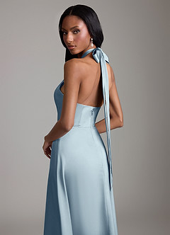 Azazie Tracie Vestidos de damas de honor Vestido de Azul Polvoriento de Satén Elástico de Corte en A con Corte Lateral image6