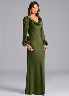 Azazie Rylina Bridesmaid Dresses Olive Mermaid Long Sleeve Stretch Satin Dress image3