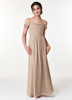 Azazie Alivia Junior Taupe A-Line Off the Shoulder Chiffon Dress image4