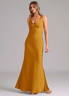 Azazie Kamila Robes de demoiselle d'honneur Robe Trapèze en Satin extensible Plissée Caramel écossais image3