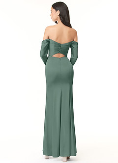 Azazie Hallie Bridesmaid Dresses Eucalyptus Sheath Off-The-Shoulder Long Sleeve Stretch Satin Convertible Dress image4