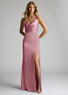Azazie Elida Bridesmaid Dresses Vintage Mauve Sheath Pleated Stretch Satin Dress image1