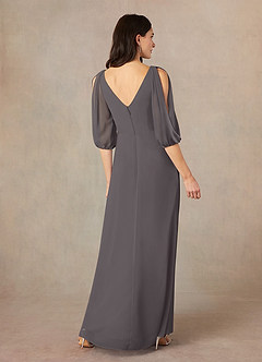 Azazie Bronwyn vestidos de madre de la novia Vestido de Gris Acero de Gasa de Corte En A con Cuello de pico fruncido image4