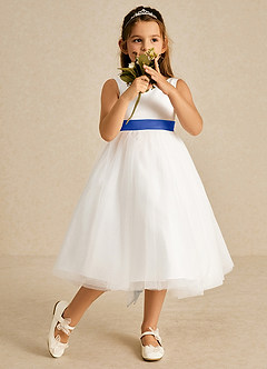 Azazie Kavi Flower Girl Dresses Ivory Royal Blue A-Line Bow Matte Satin Dress image3