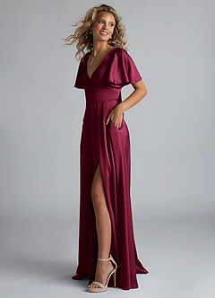 Azazie Kimber Bridesmaid Dresses Burgundy A-Line Ruched Stretch Satin Dress image6