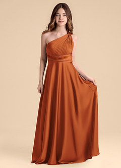 Azazie Charlize Junior Cinnamon A-Line Pleated Stretch Satin Dress image4