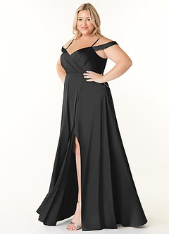 Azazie Ocean Vestidos de damas de honor Vestido de Negro de Satén Elástico de Corte en A con Cuello en V Plisado image8