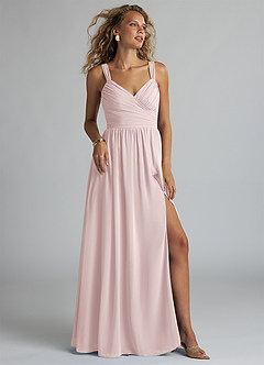 Azazie Aziza Bridesmaid Dresses Blushing Pink A-Line V-Neck Pleated Chiffon Dress image1