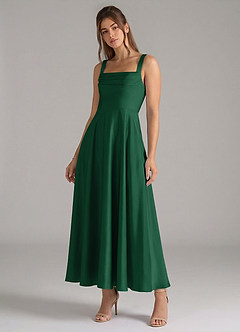 Azazie Shaude 신부 들러리 드레스 A라인 주름진 스트레치 새틴 발목 길이 드레스 image4