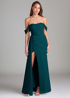 Azazie Amyra Bridesmaid Dresses Pine Sheath Off the Shoulder Chiffon Convertible Dress image1