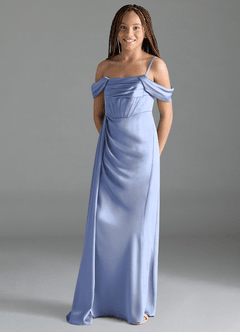Azazie Amyra Junior Ice Sheath Off the Shoulder Stretch Satin Dress image4