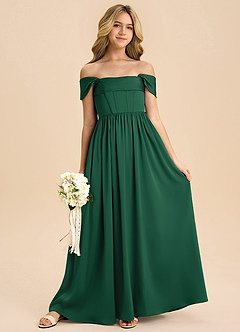 Azazie Hattie Junior Abito A-Line in Raso Elasticizzato Plissettato Verde Scuro image3