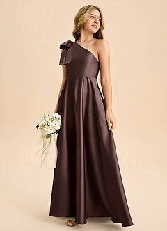 Azazie Penguin Junior A라인 절하다 스트레치 새틴 플로어 길이 주니어 신부 들러리 드레스 image6