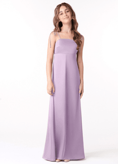 Azazie Violeta Junior Agave A-Line Bow Stretch Satin Dress image1