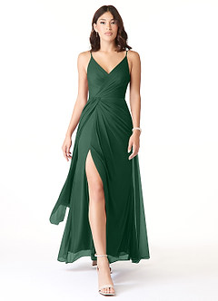 Azazie Evalin Bridesmaid Dresses Dark Green A-Line V-Neck Pleated Mesh Dress image1