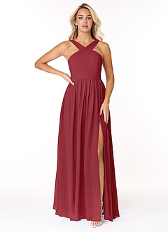 Azazie Elvira Bridesmaid Dresses Pomegranate A-Line Pleated Chiffon Dress image1