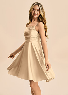 Azazie Miko Junior Champagne A-Line Pleated Stretch Satin Dress image7
