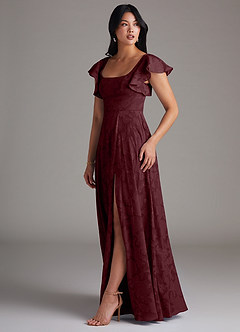 Azazie Bondi Bridesmaid Dresses Cabernet A-Line Side Slit Floral Burnout Dress image2