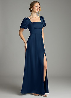 Azazie Fyona Bridesmaid Dresses Dark Navy A-Line Pleated Stretch Satin Dress image5