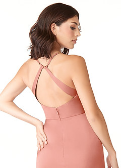 Azazie Geanna Bridesmaid Dresses Coral Sheath V-Neck Pleated Stretch Satin Dress image6