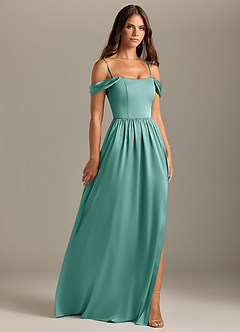 Azazie Calianna Bridesmaid Dresses Aqua A-Line Off the Shoulder Stretch Satin Convertible Dress image7