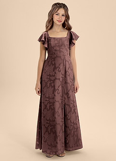 Azazie Bondi Junior Espresso A-Line Bow Floral Burnout Dress image5