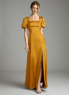 Azazie Fyona Robes de demoiselle d'honneur Robe Trapèze en Satin extensible Plissée Caramel écossais image1