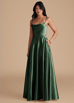 Azazie Elle Bridesmaid Dresses Eucalyptus A-Line with Pockets Metallic Satin Dress image1