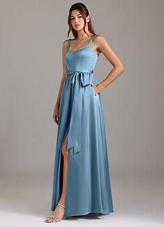 Azazie Elliott Bridesmaid Dresses Steel Blue A-Line with Pockets Stretch Satin Dress image4