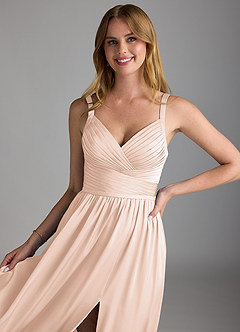Azazie Chanel Bridesmaid Dresses Blushing Pink A-Line Pleated Stretch Satin Dress image3