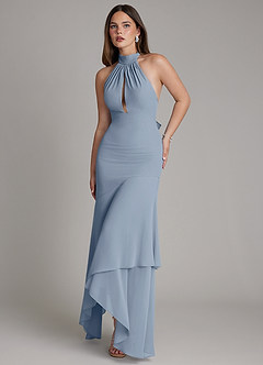 Azazie Magda Bridesmaid Dresses Dusty Blue Mermaid High Neck Chiffon Dress image1
