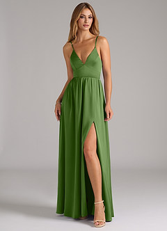 Azazie Aaida Robes de demoiselle d'honneur Robe Trapèze en Satin extensible Corset Basilic image4
