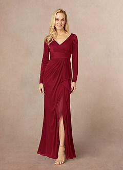 Azazie Risa Mother of the Bride Dresses Burgundy Mermaid V-Neck Pleated Mesh Dress image1