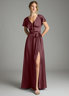 Azazie Lainey Bridesmaid Dresses Sangria A-Line with Pockets Stretch Satin Dress image3