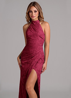 Azazie Jemma Bridesmaid Dresses Burgundy A-Line Pleated Floral Burnout Dress image2