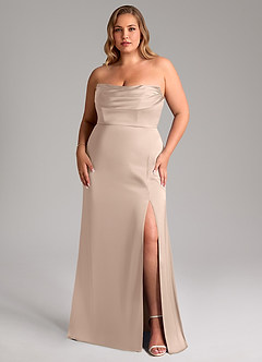Azazie Saige Vestidos de damas de honor Vestido Rosa Inglesa de Satén Elástico de Corte Recto con Hombros descubiertos image11