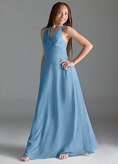 Azazie Tessie Junior Steel Blue A-Line Pleated Chiffon Dress image3