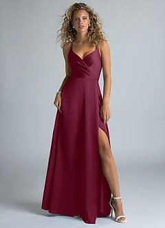 Azazie Davis Bridesmaid Dresses Mulberry A-Line Pleated Stretch Satin Dress image2