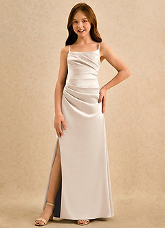 Azazie Cannoli Girls Formal Robe Demoiselle D'honneur Fillette Robe Trapèze en Mat Satiné Plissée Albâtre Blanc image3